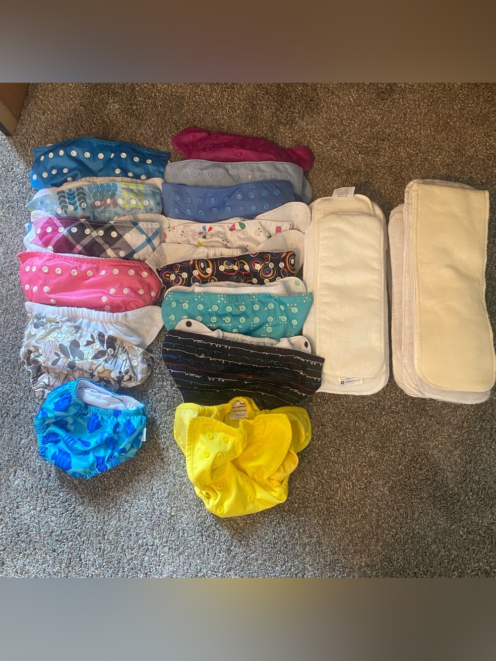 Big Lot Of 12 Preowned Cloth Diapers With 22 Inserts Plus Swim Diaper and Cover